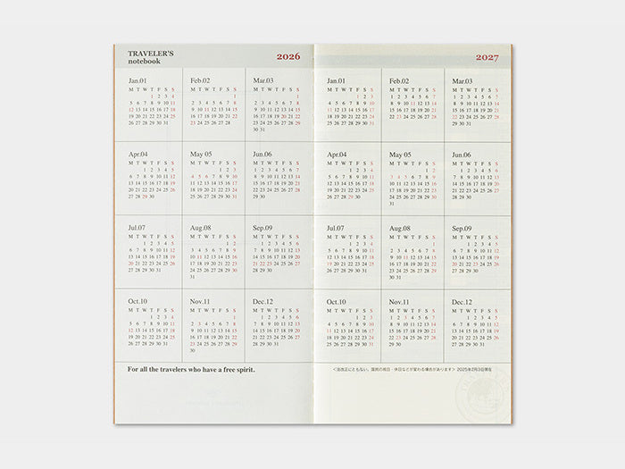 2026 Monthly Refill for Traveler's Notebook