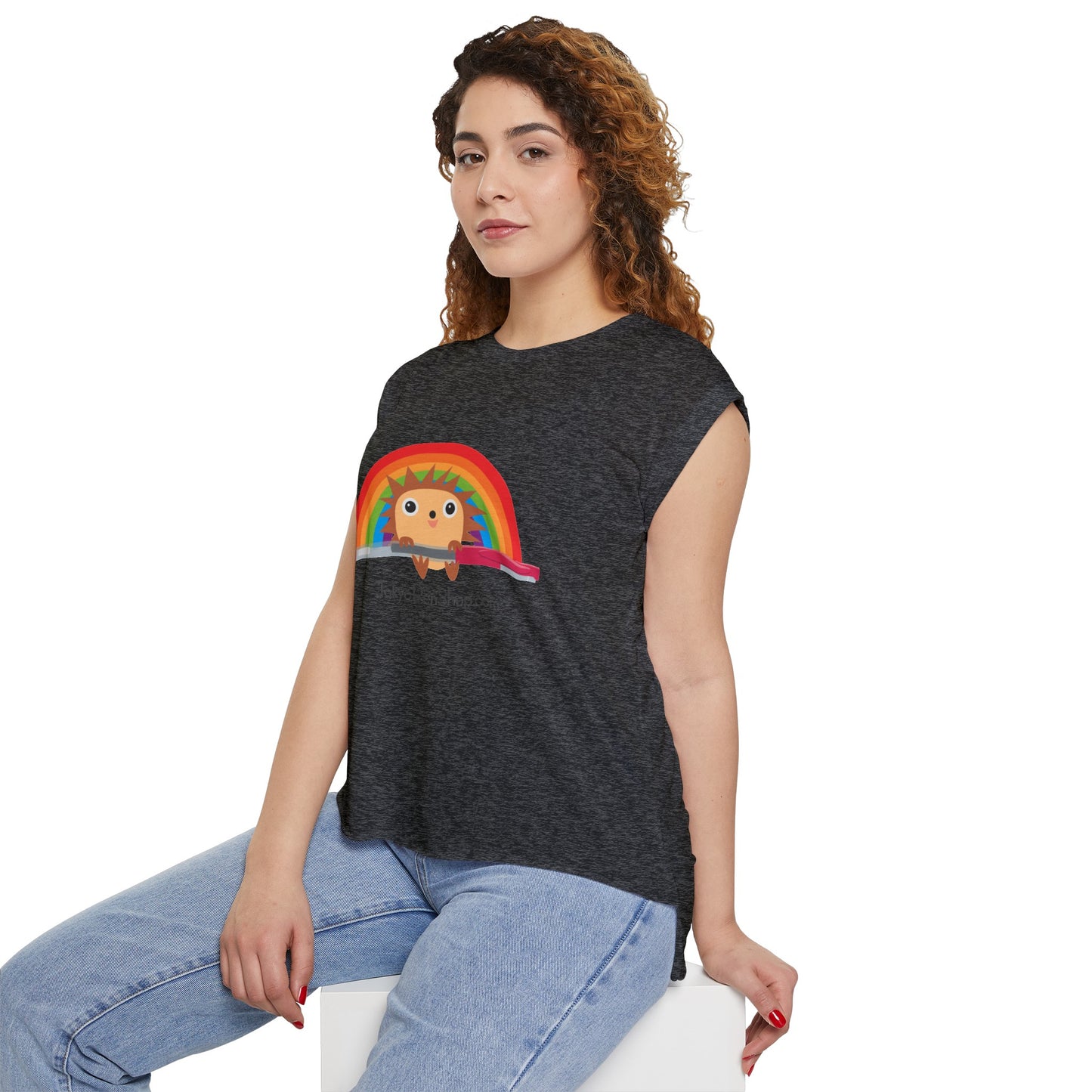 Hiro with Rainbow Flowy Rolled Cuffs Muscle Tee