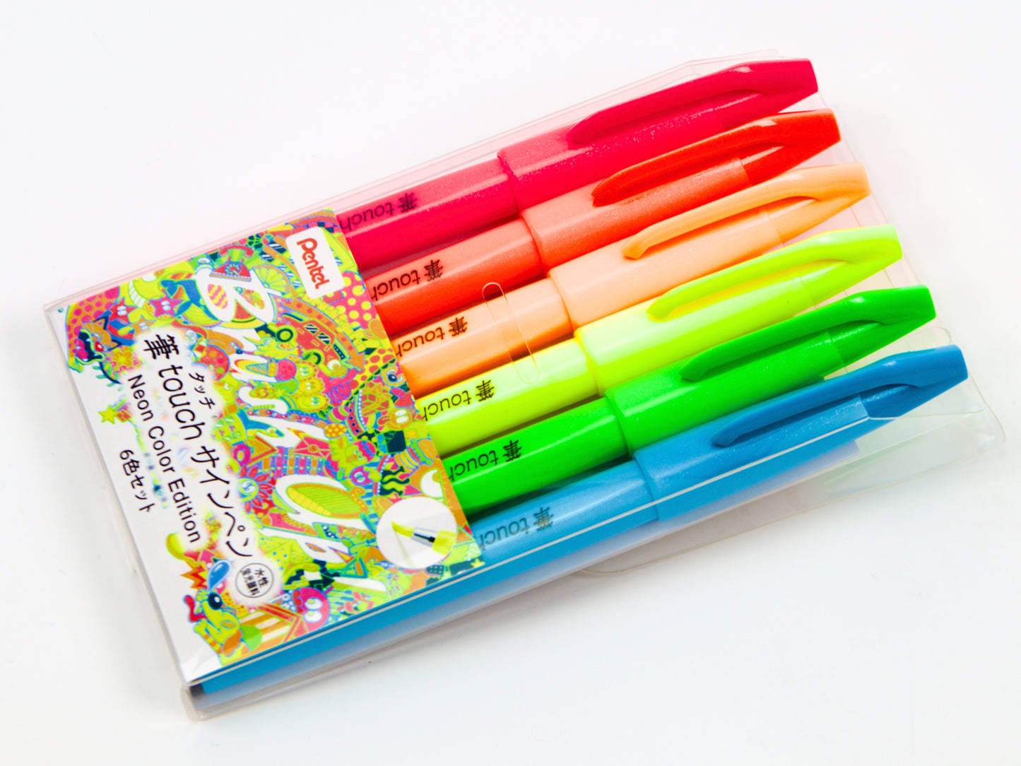 Ensemble de stylos Pentel Fude Touch Sign, 6 couleurs fluo