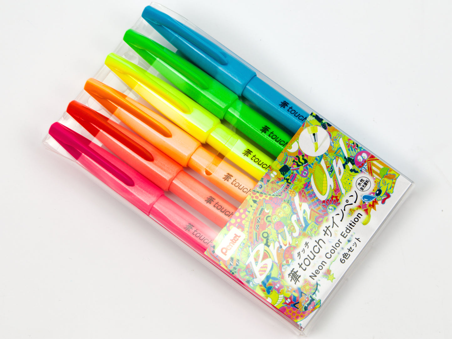 Ensemble de stylos Pentel Fude Touch Sign, 6 couleurs fluo