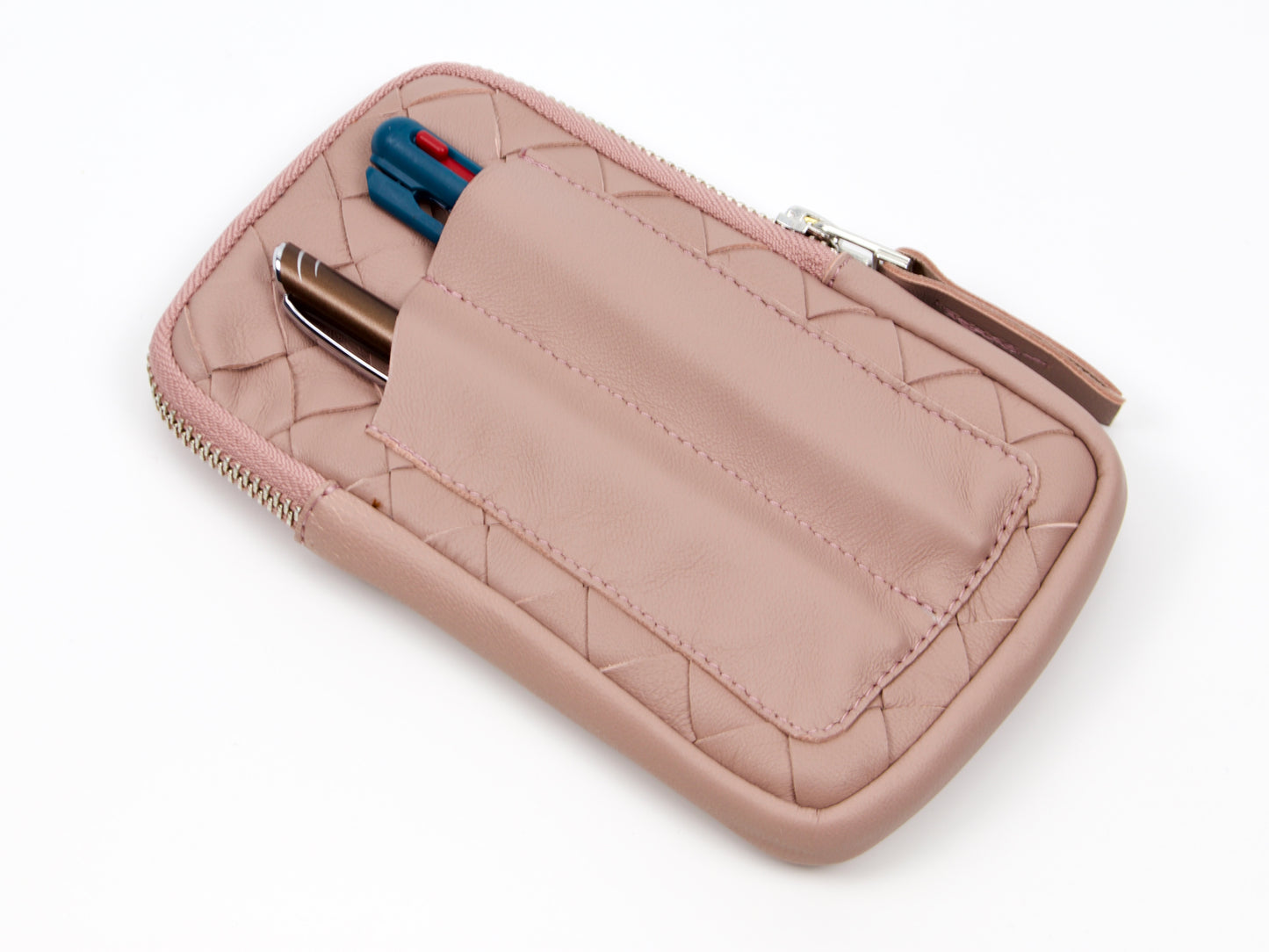 Estuche para bolígrafos Milloo Slim, tejido a mano, color rosa y beige