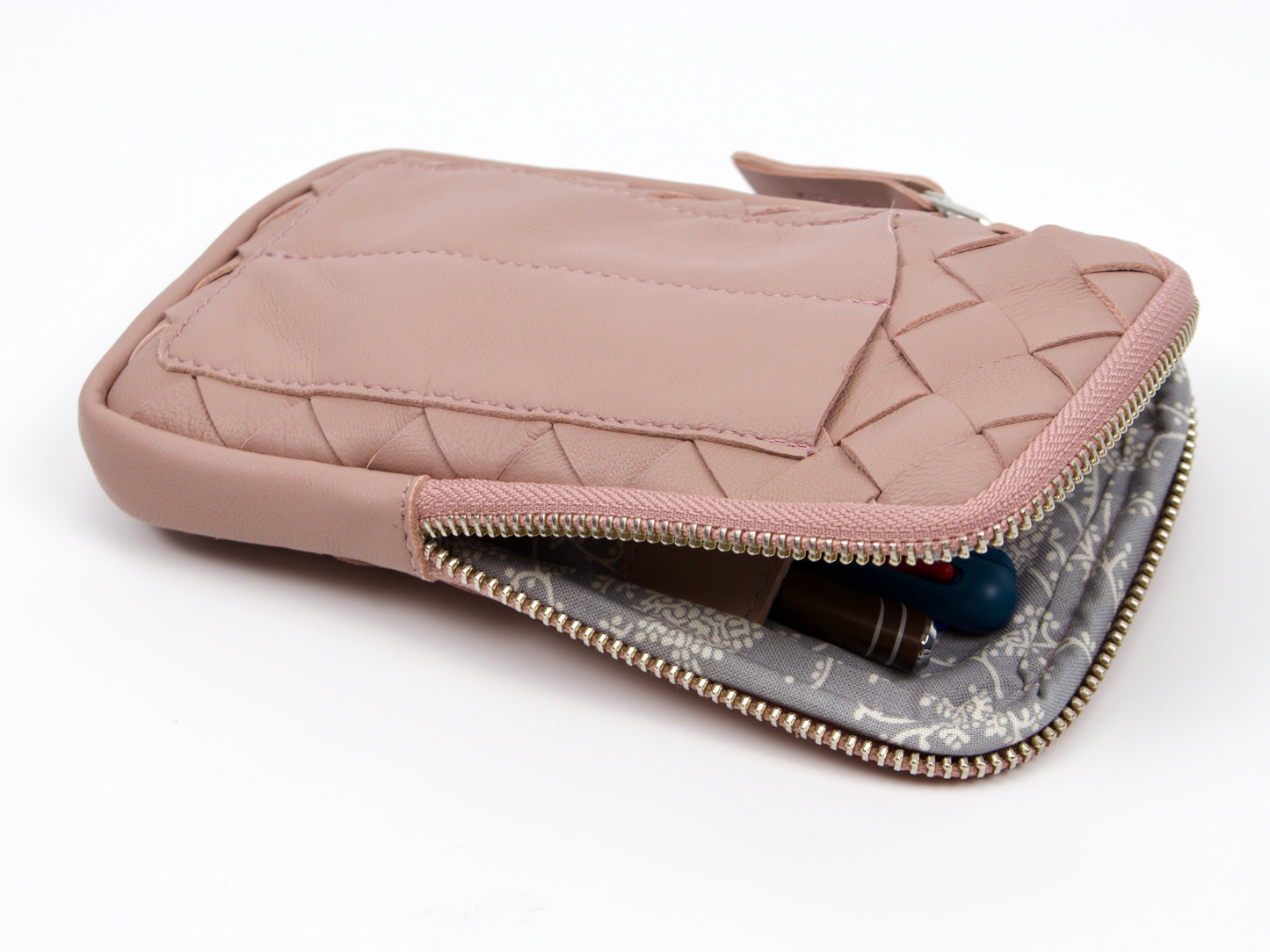 Estuche para bolígrafos Milloo Slim, tejido a mano, color rosa y beige